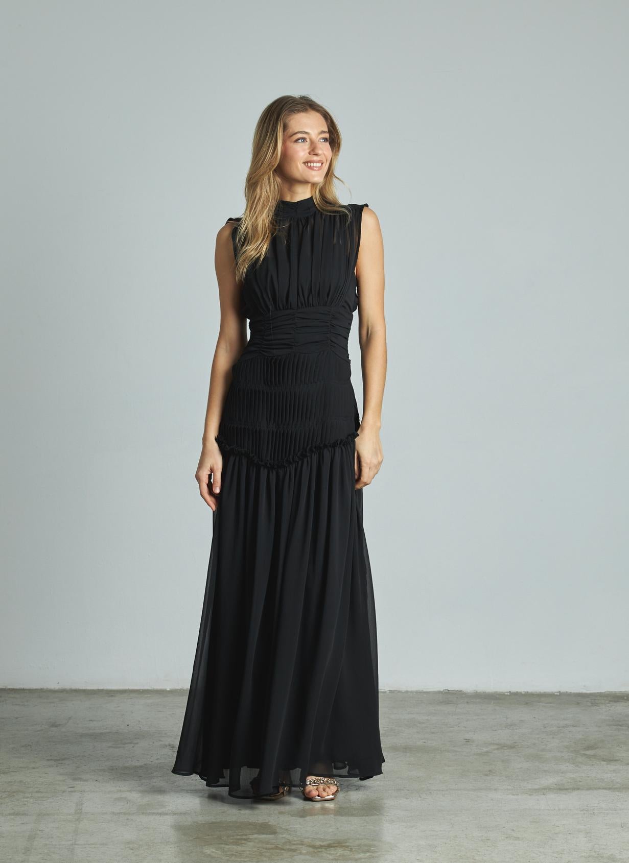 LONG PLEATED HALTER DRESS