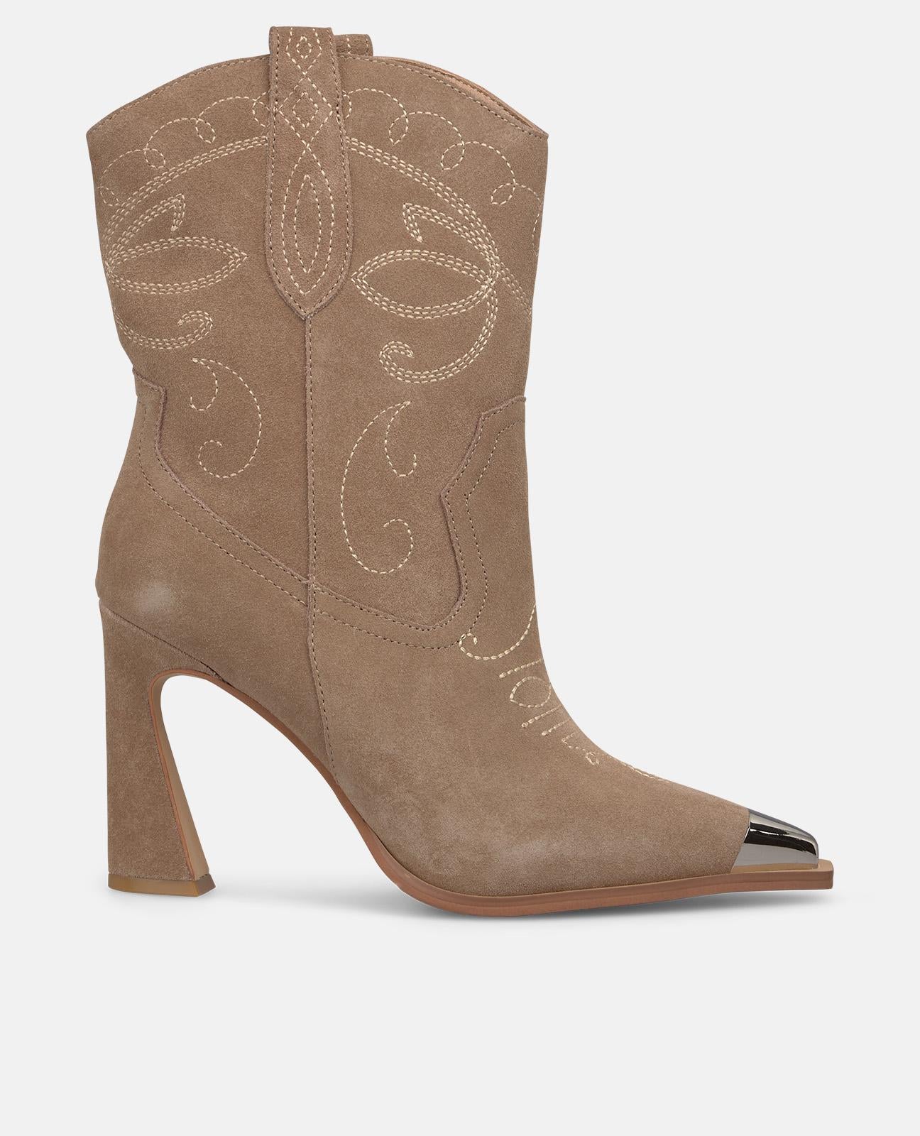 EMBROIDERED FUNNEL HEEL ANKLE BOOT