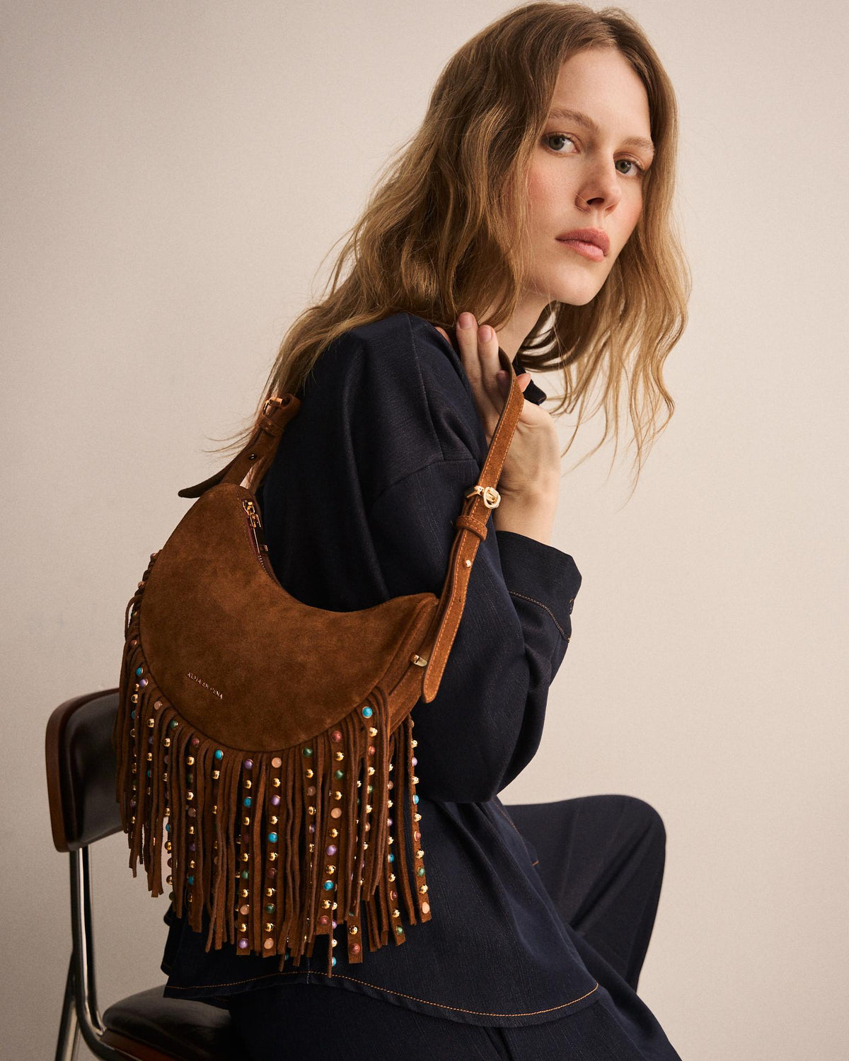BORSA A MEZZA LUNA IN PELLE CON FRANGE