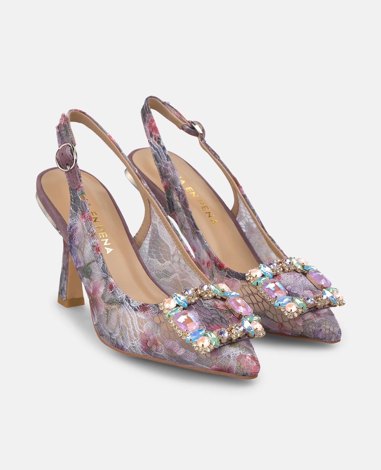 FLAT HEELED SHOE WITH MULTICOLORED STONE BUCKLE