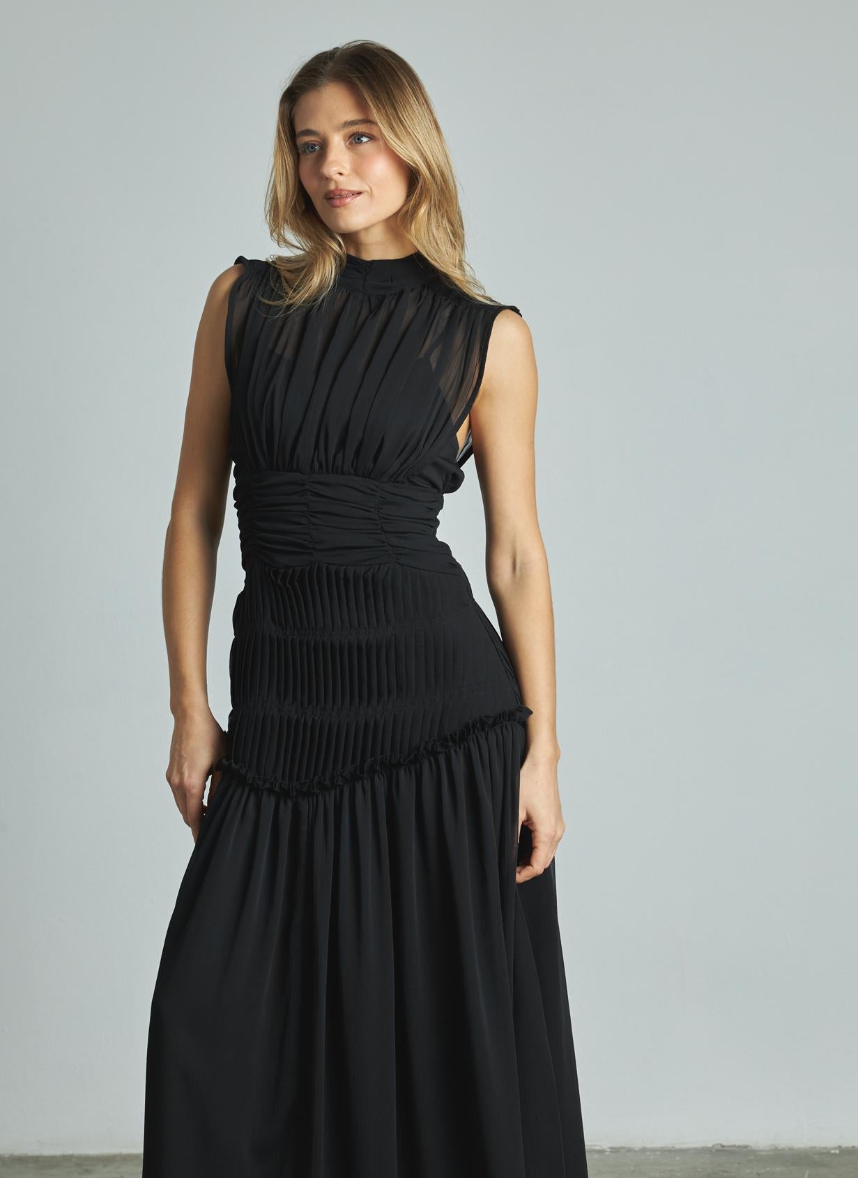 LONG PLEATED HALTER DRESS