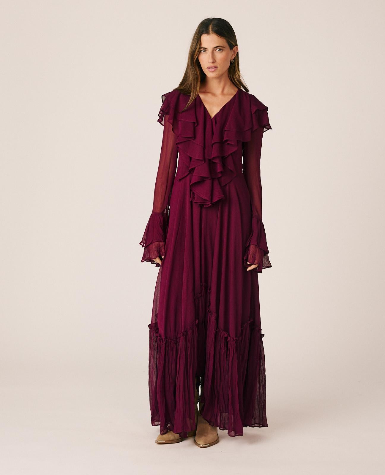 VESTIDO LARGO GASA CON VOLANTES