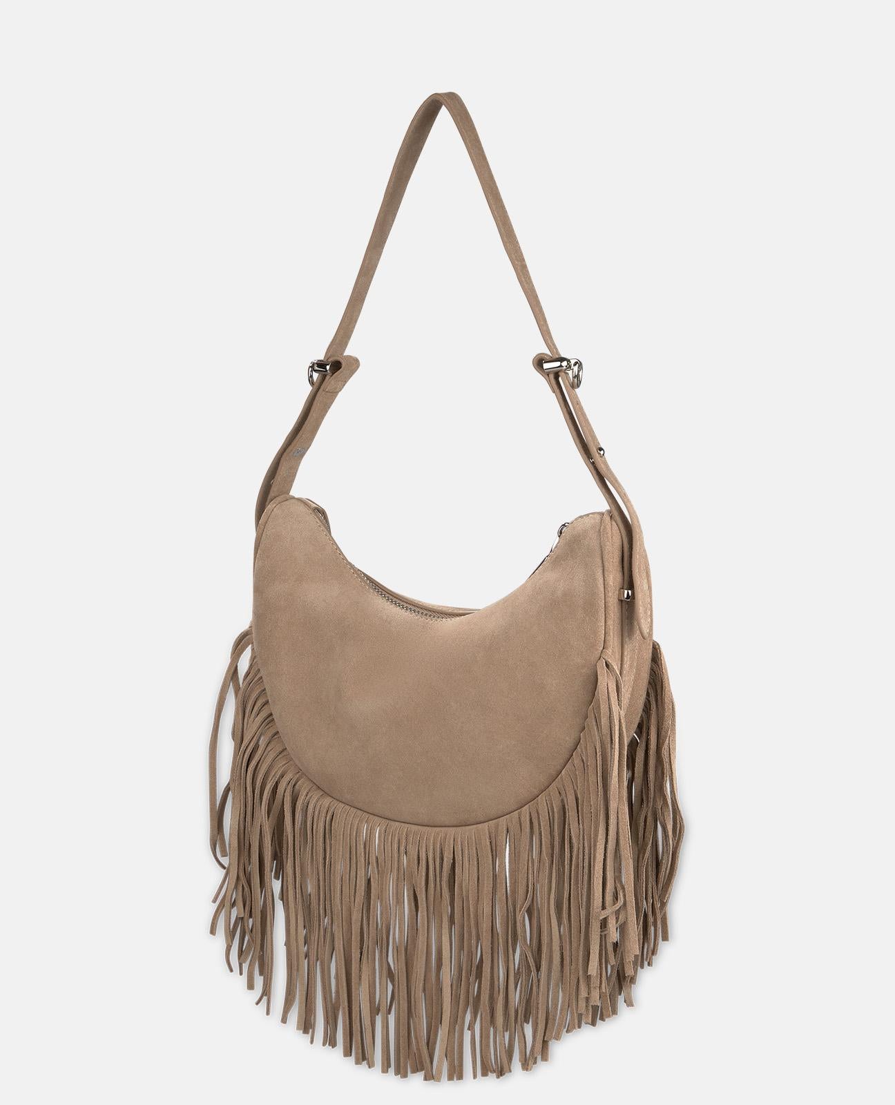 BOLSO MEDIA LUNA PIEL CON FLECOS