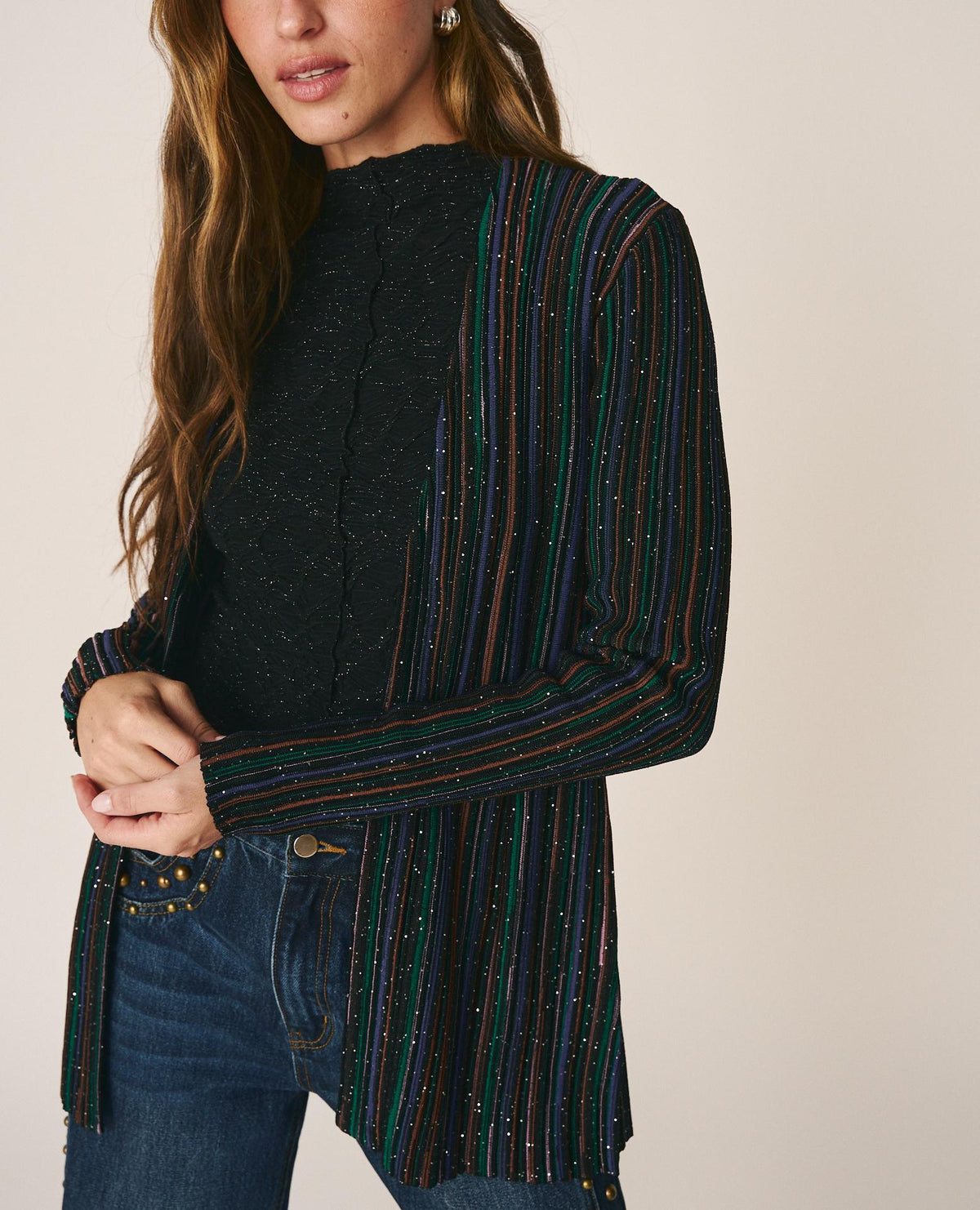 STRIPED CABLE-KNIT CARDIGAN