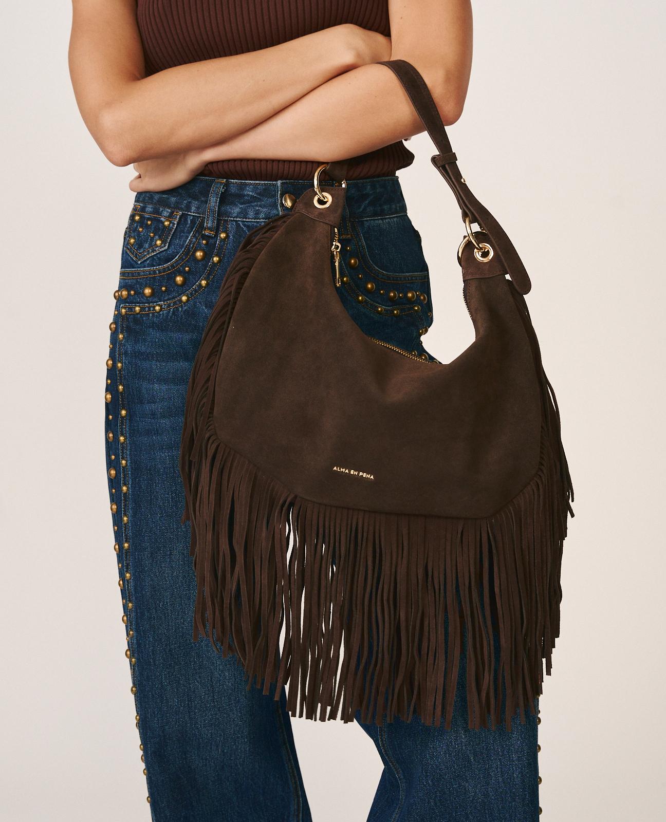BOLSO MEDIA LUNA PIEL CON FLECOS