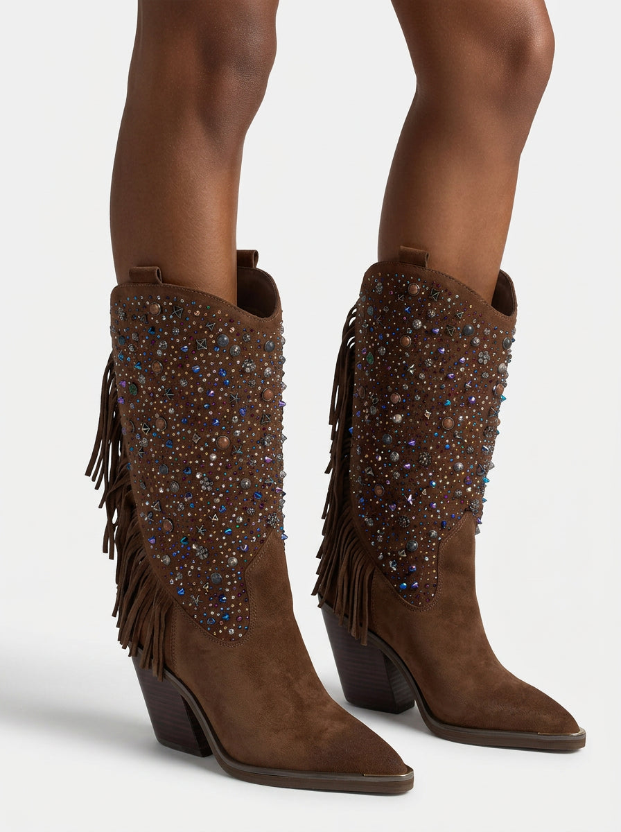 Suede Cowboy Boots with Rhinestones and Fringe
