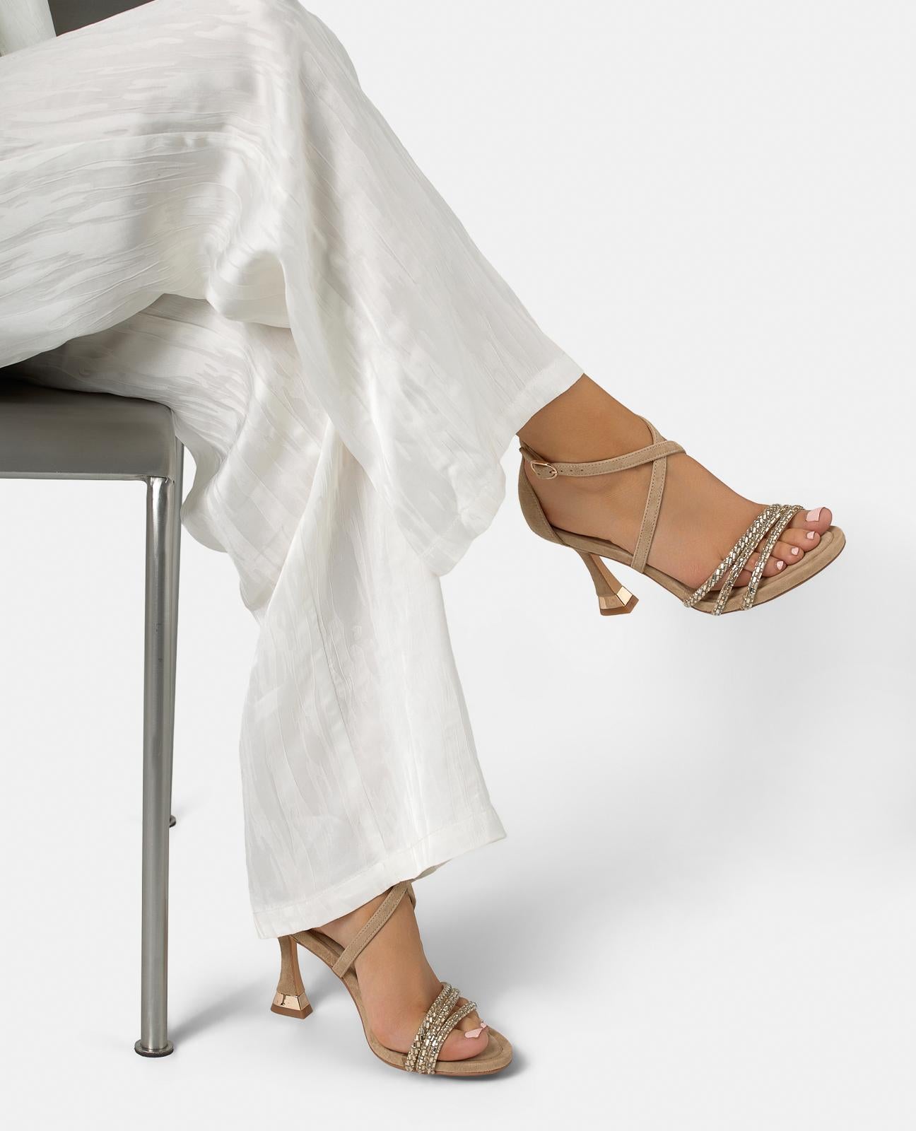 METALLIC TRANSFER STRAP HEELED SANDALS