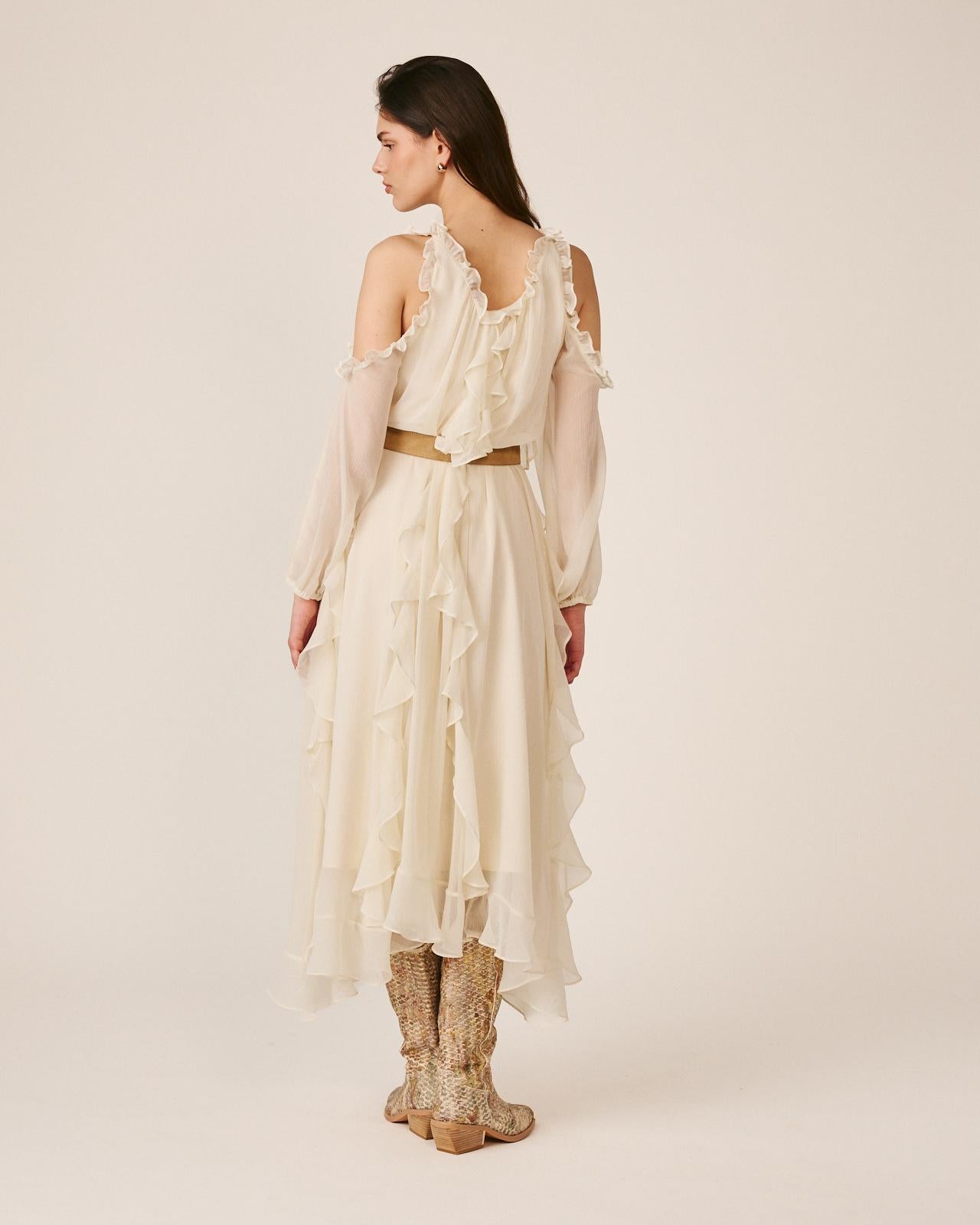 VESTIDO MIDI FLUIDO COM VOLANTES