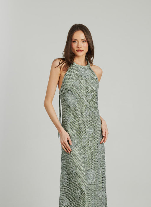 VESTIDO HALTER CALADO CON FLECOS