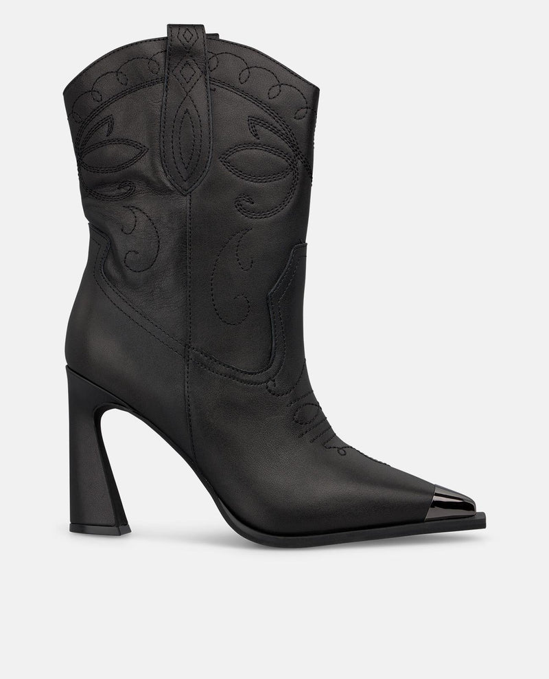 EMBROIDERED FUNNEL HEEL ANKLE BOOT