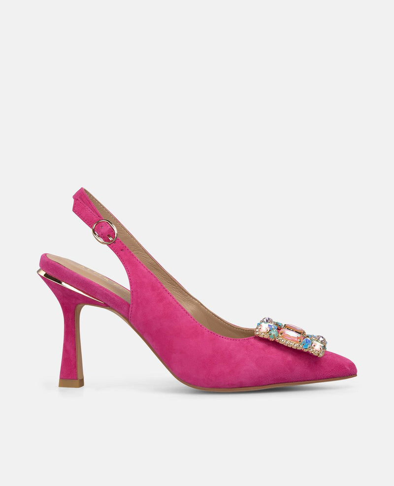 FLAT HEELED SHOE WITH MULTICOLORED STONE BUCKLE