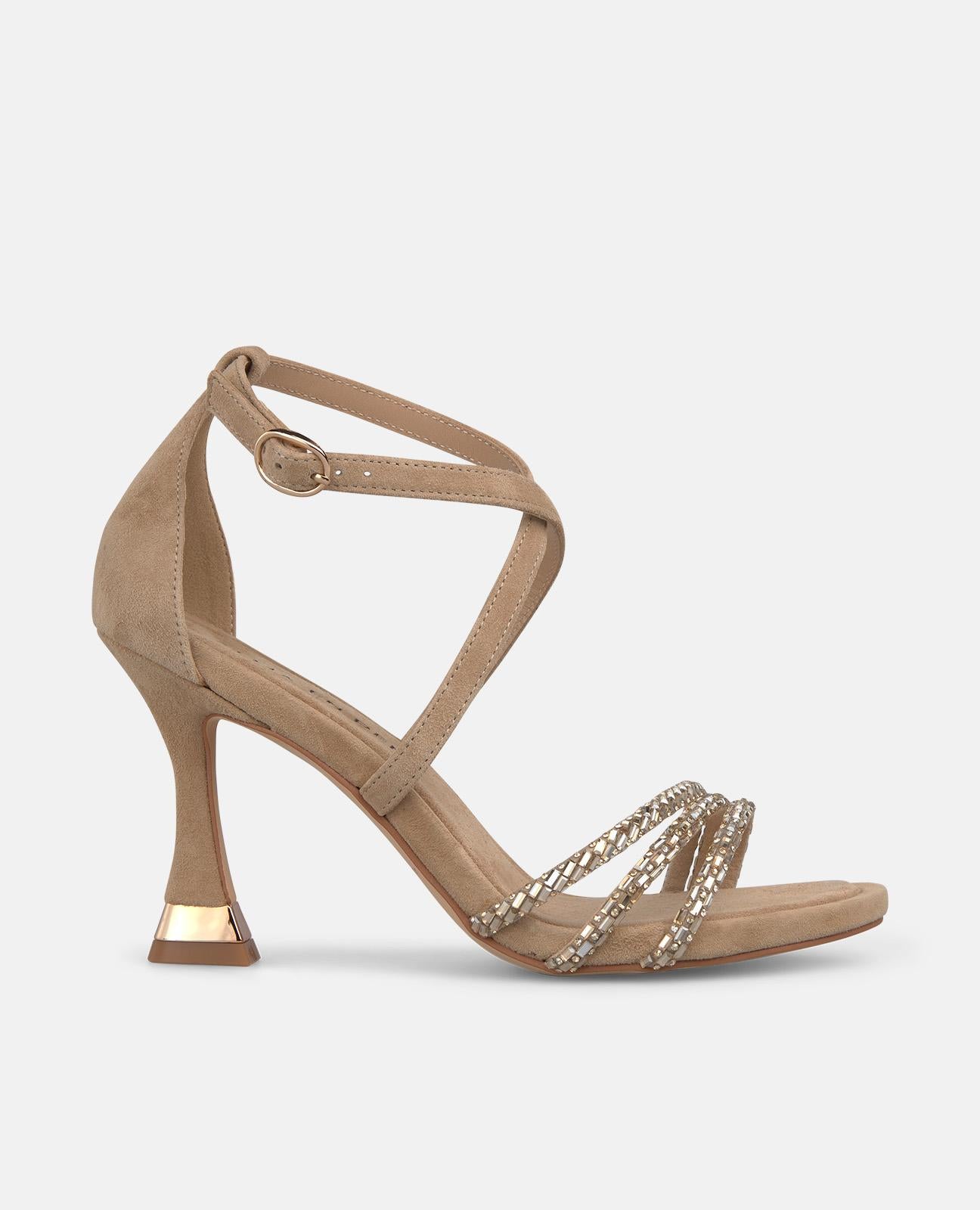 METALLIC TRANSFER STRAP HEELED SANDALS