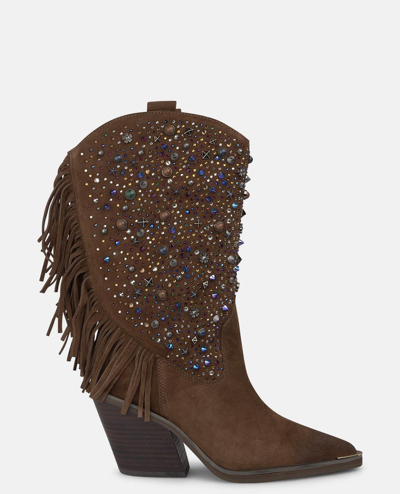 BOTA COWBOY DE ANTE CON PEDRERÍA Y FLECOS