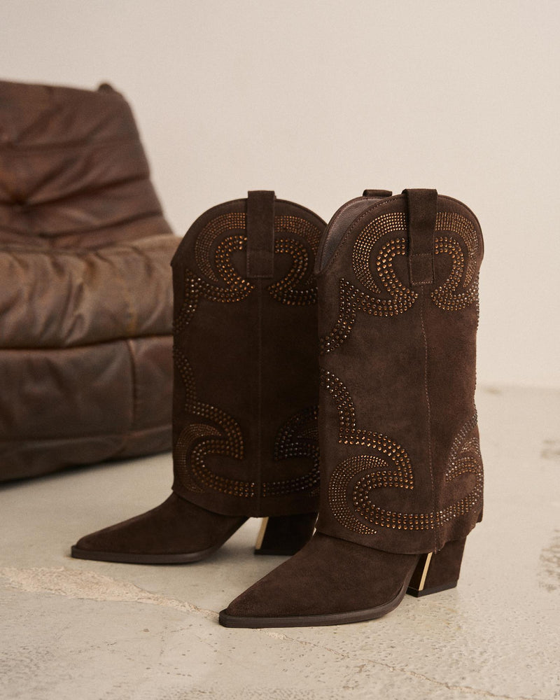 Suede Cowboy Boots with Rhinestone Accents