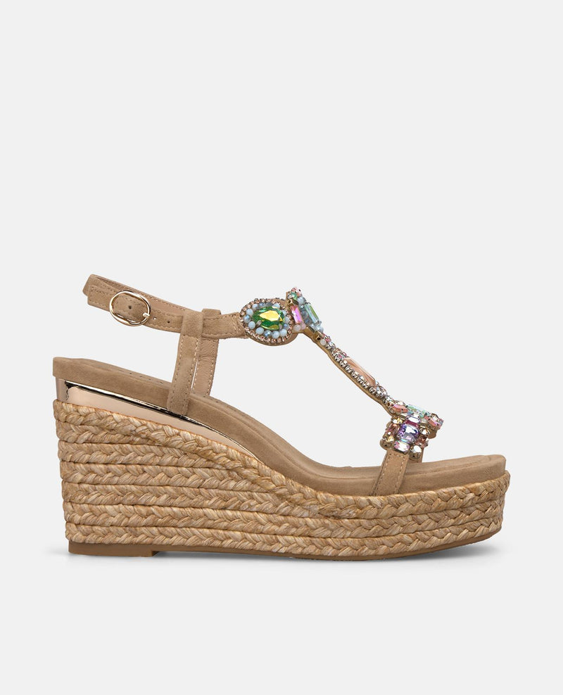 Sandália de cunha em espartinho com tira em T