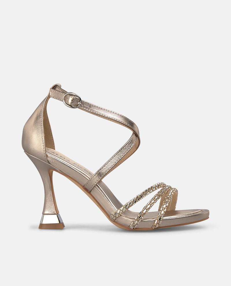 METALLIC TRANSFER STRAP HEELED SANDALS