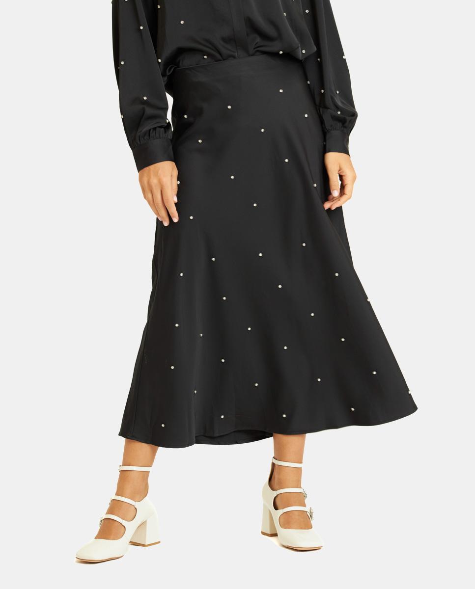 LONG SATIN SKIRT WITH RHINESTONES