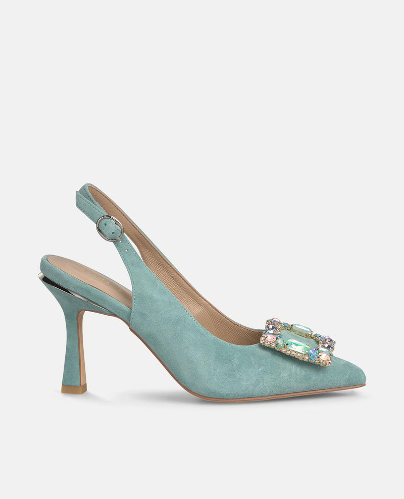 FLAT HEELED SHOE WITH MULTICOLORED STONE BUCKLE