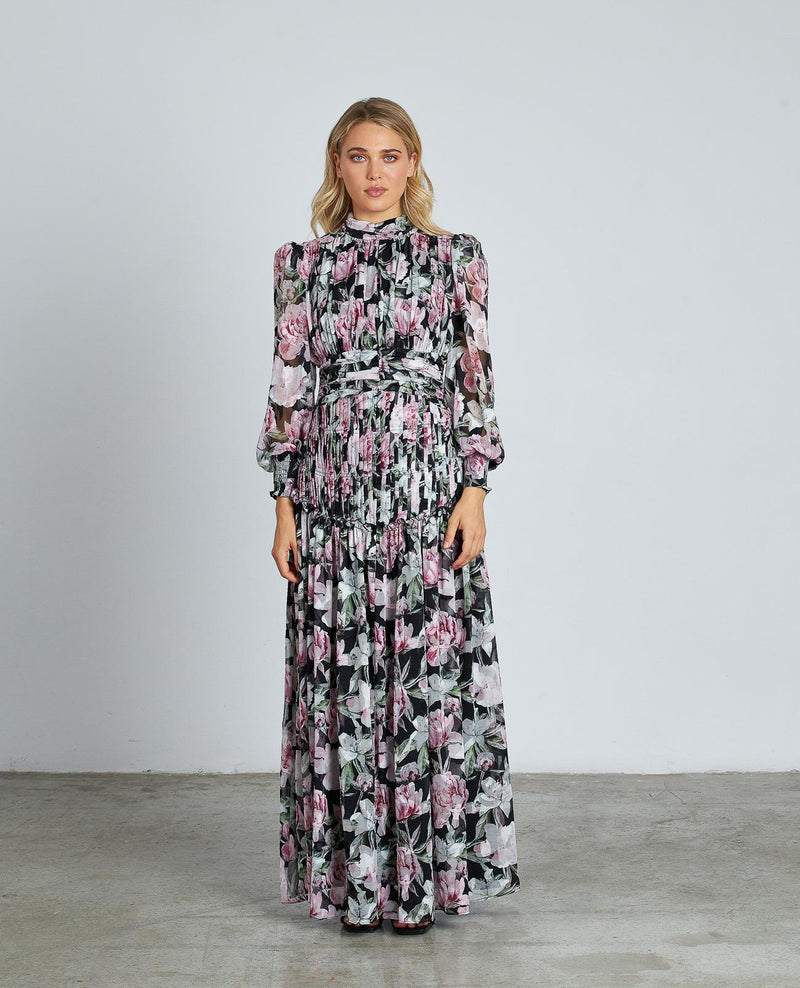 VESTIDO LARGO ESTAMPADO FRUNCIDO