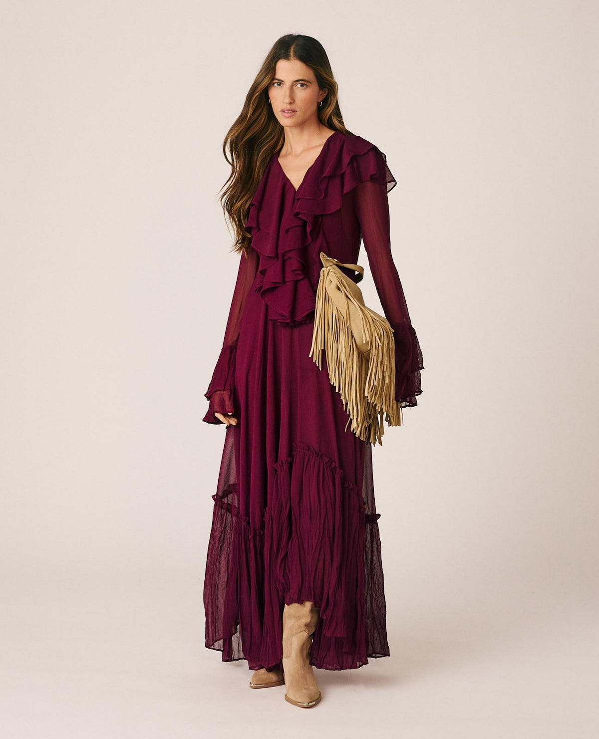 VESTIDO LARGO GASA CON VOLANTES