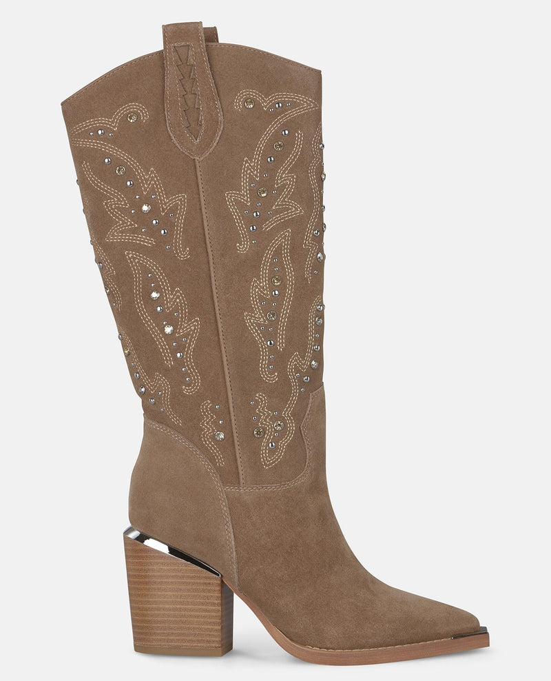 BOTA DE SALTO ALTO COM TACHAS E STRASS