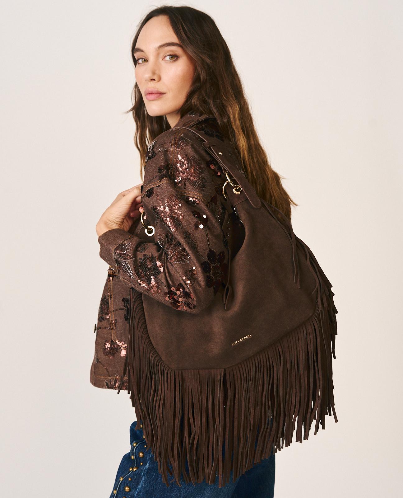 BOLSO MEDIA LUNA PIEL CON FLECOS