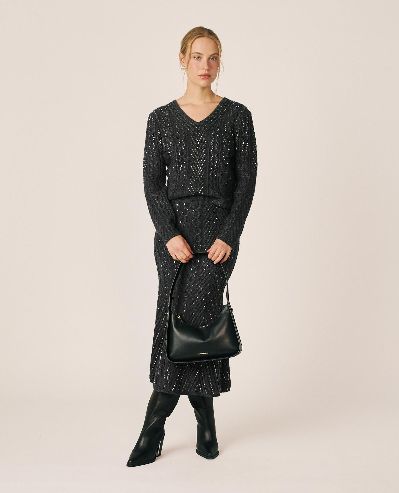 FALDA MIDI PUNTO CON STRASS