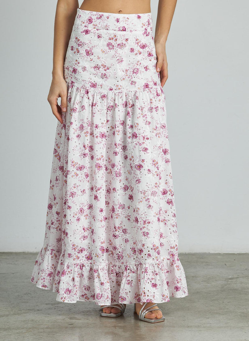 SAIA COMPRIDA COM FOLHOS ESTAMPADOS