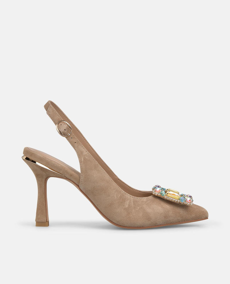 FLAT HEELED SHOE WITH MULTICOLORED STONE BUCKLE