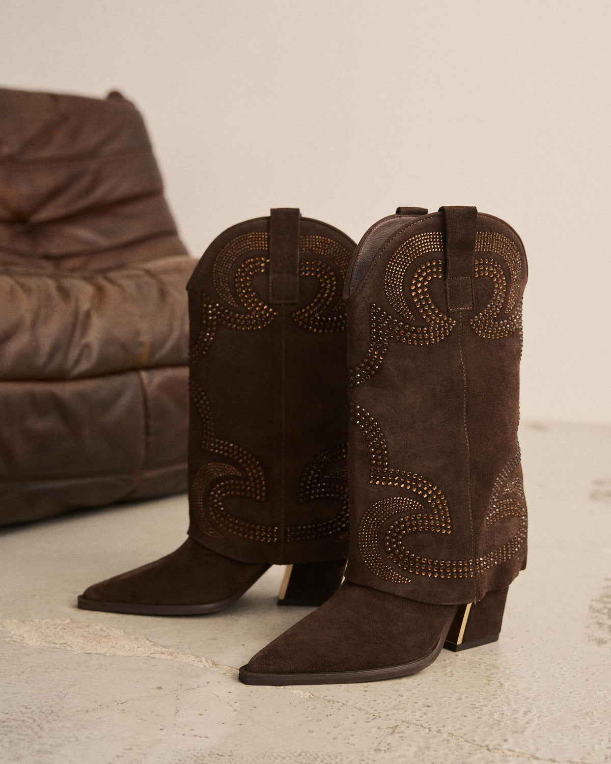 Suede Cowboy Boots with Rhinestone Accents