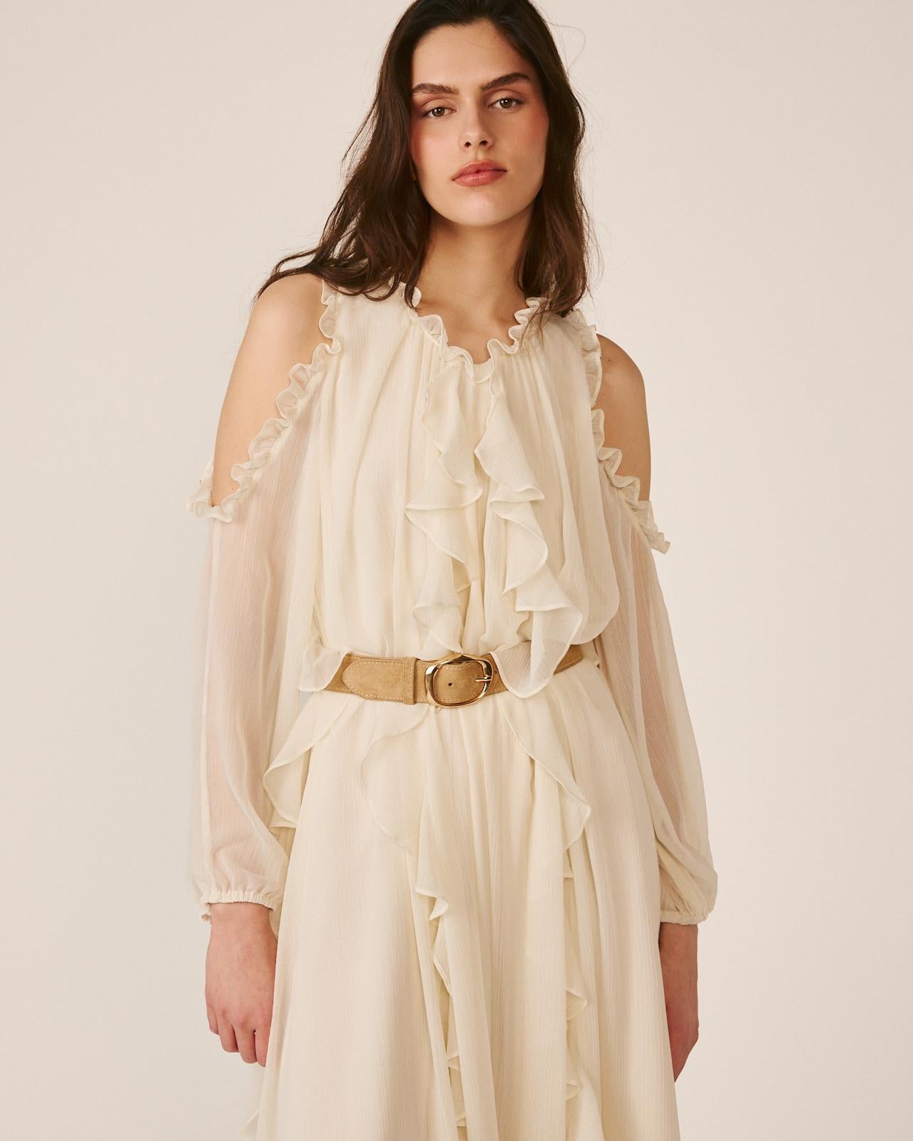 VESTIDO MIDI FLUIDO COM VOLANTES