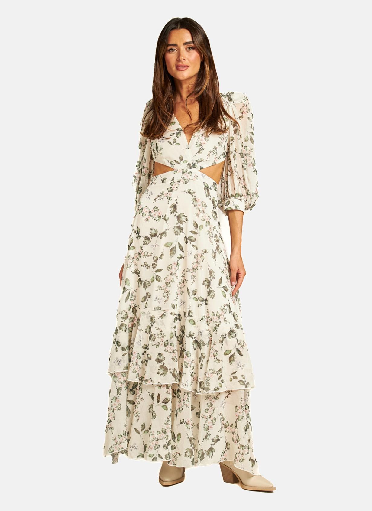 LONG FLORAL CUTOUT DRESS