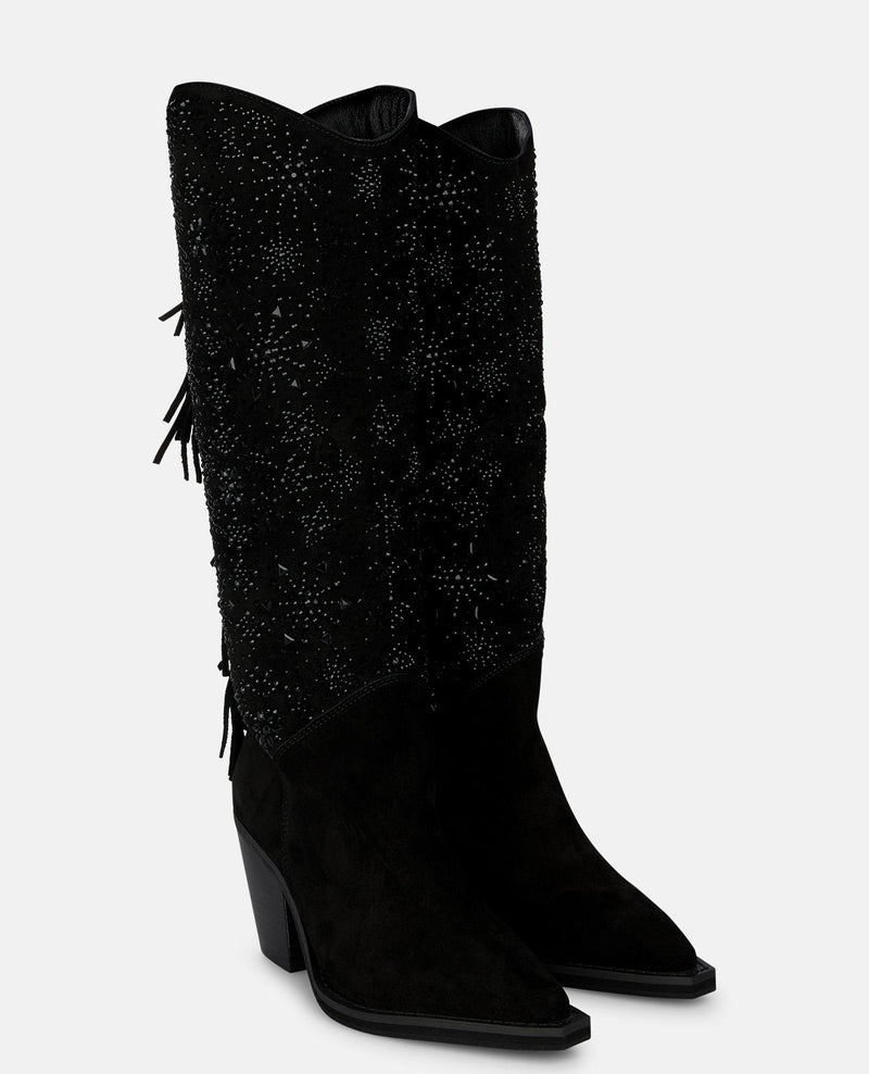 BOTA COWBOY DE ANTE CON PEDRERÍA Y FLECOS