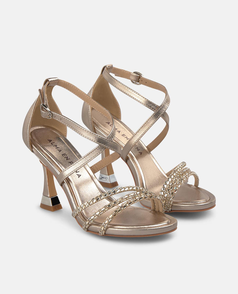 METALLIC TRANSFER STRAP HEELED SANDALS
