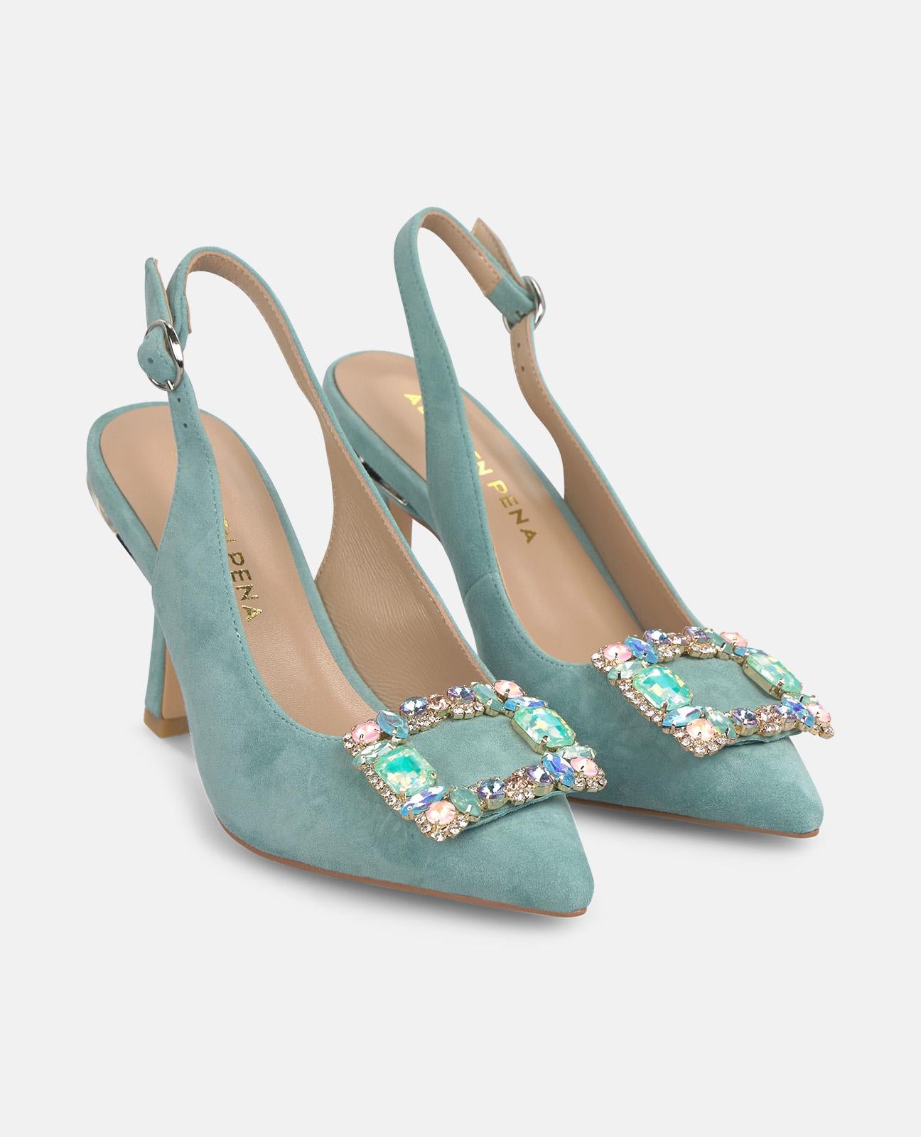 FLAT HEELED SHOE WITH MULTICOLORED STONE BUCKLE