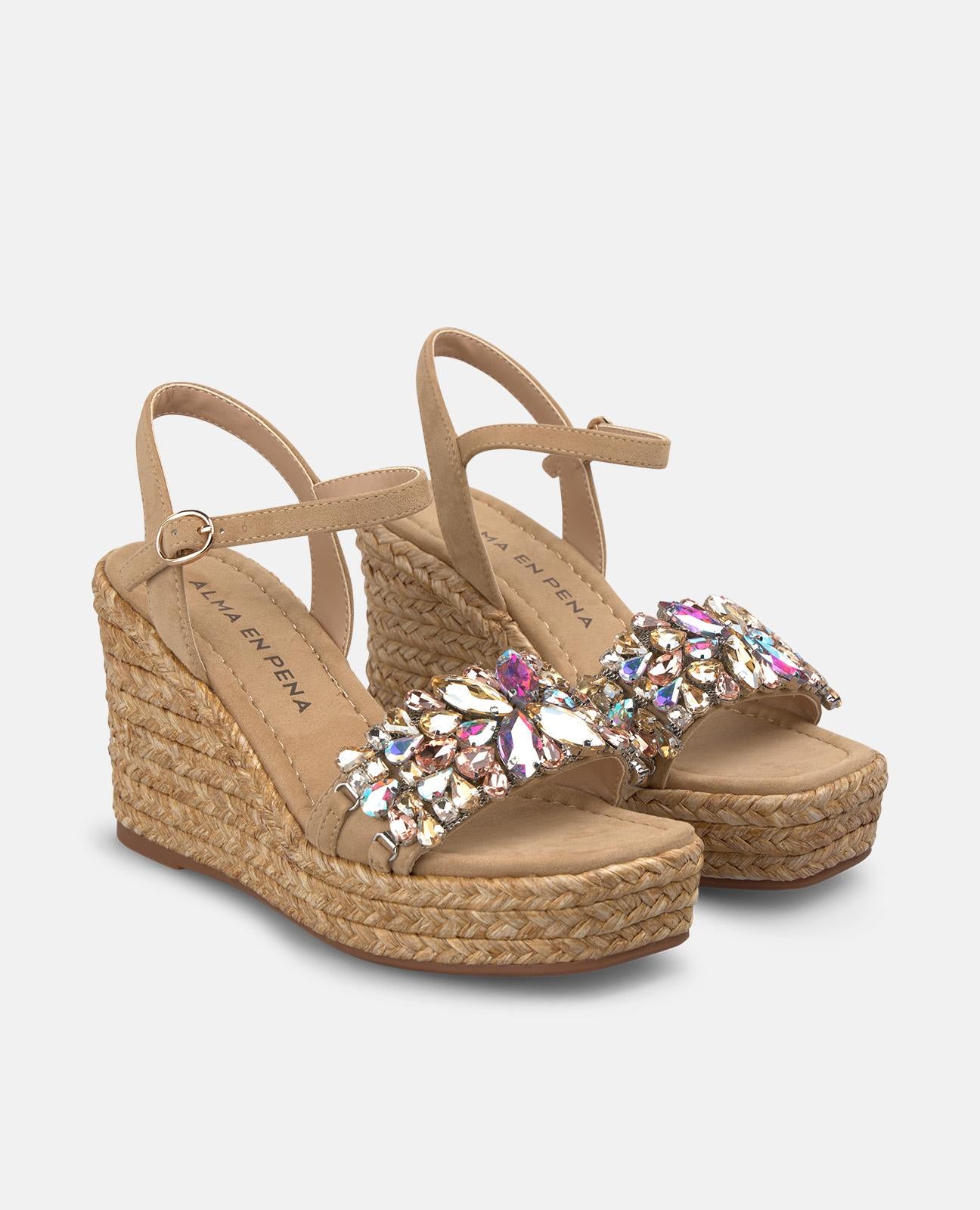 Platform Espadrille Sandals with Floral Rhinestones