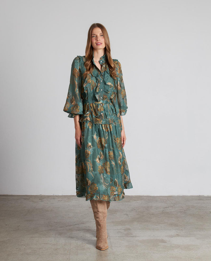 VESTIDO MIDI ESTAMPADO VOLANTES