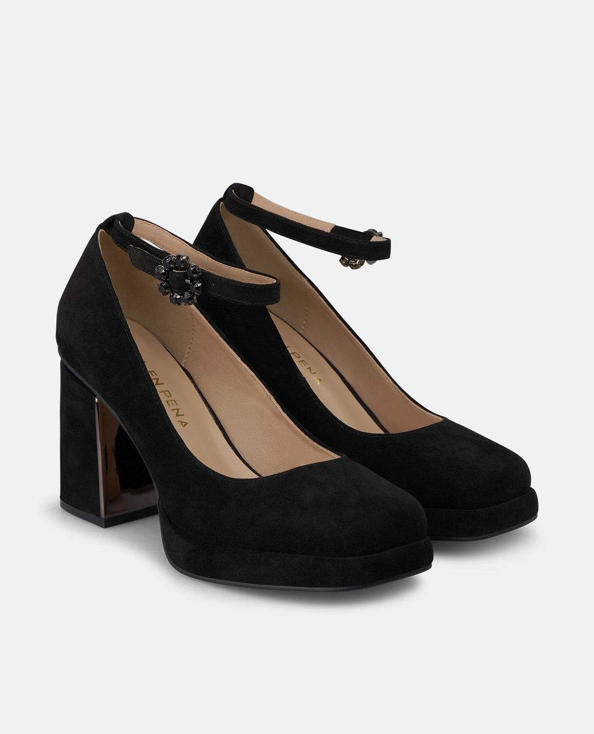 SUEDE HEELED SHOE WITH WRIST STRAP