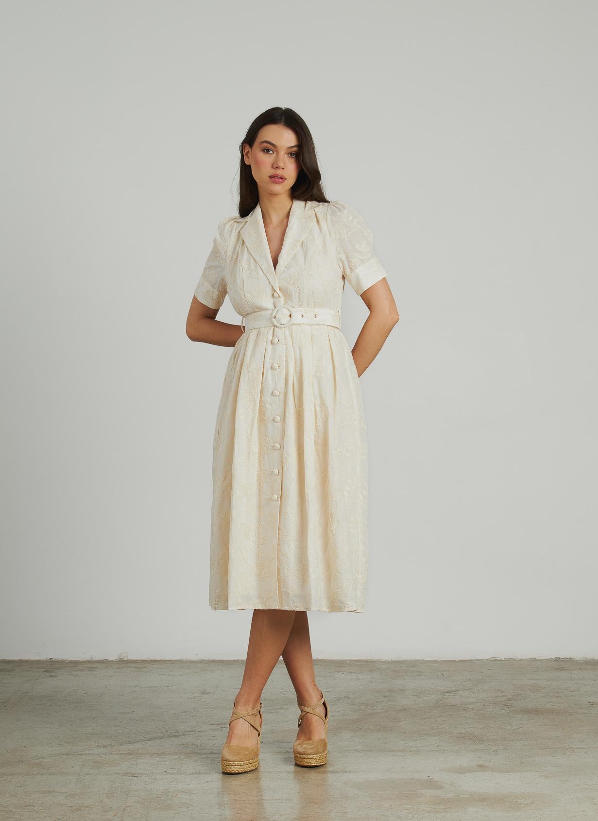 VESTIDO MIDI BORDADO CINTURÓN