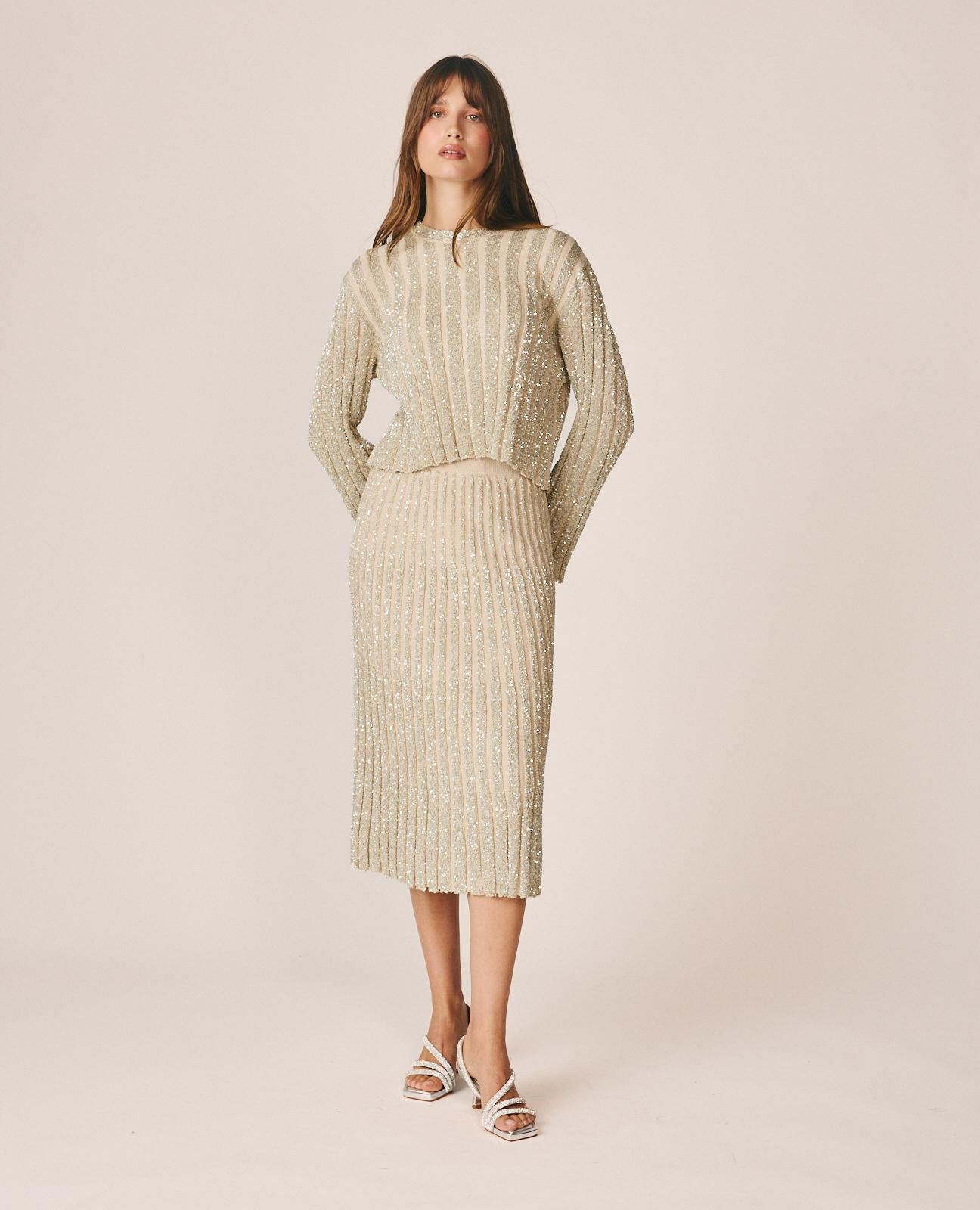 FALDA MIDI CANALÉ CON LENTEJUELAS