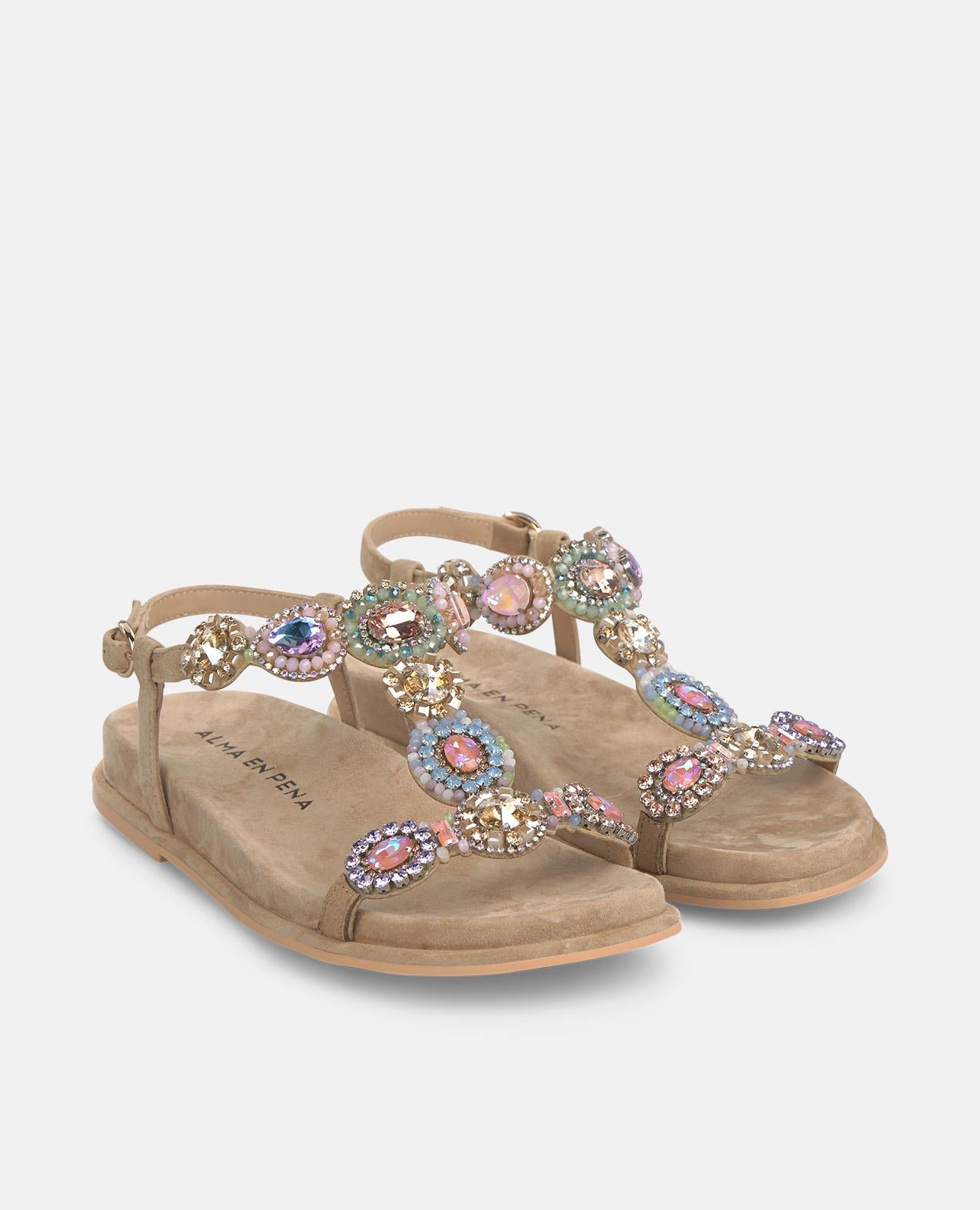 SANDÁLIA PLANA COM DETALHE DE STRASS BAIXO