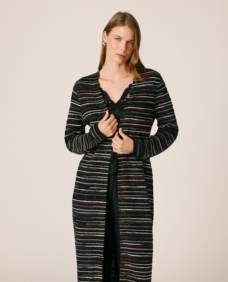 STRIPED CABLE-KNIT CARDIGAN