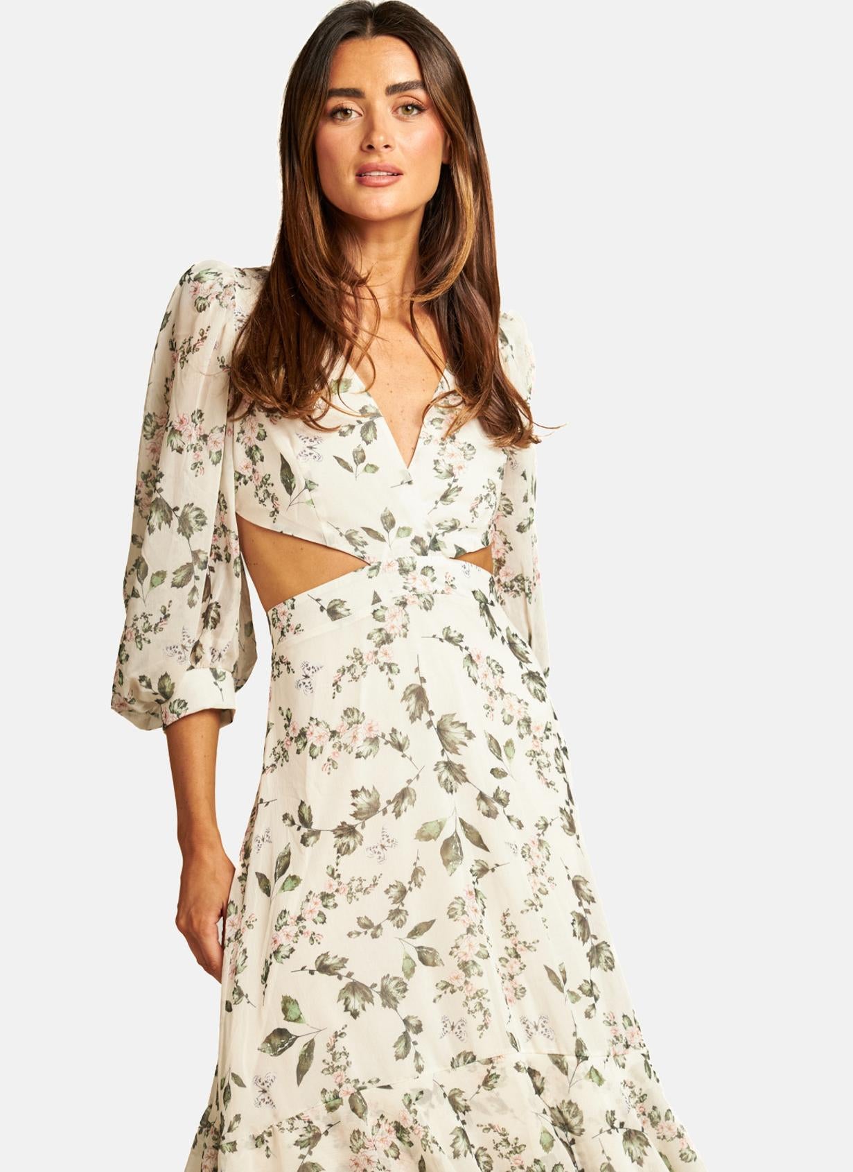 LONG FLORAL CUTOUT DRESS