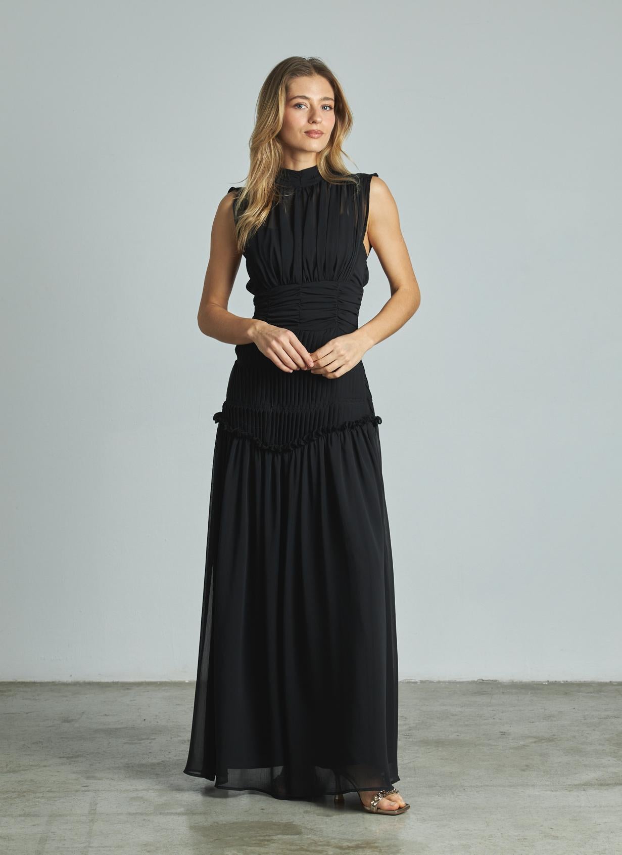 LONG PLEATED HALTER DRESS