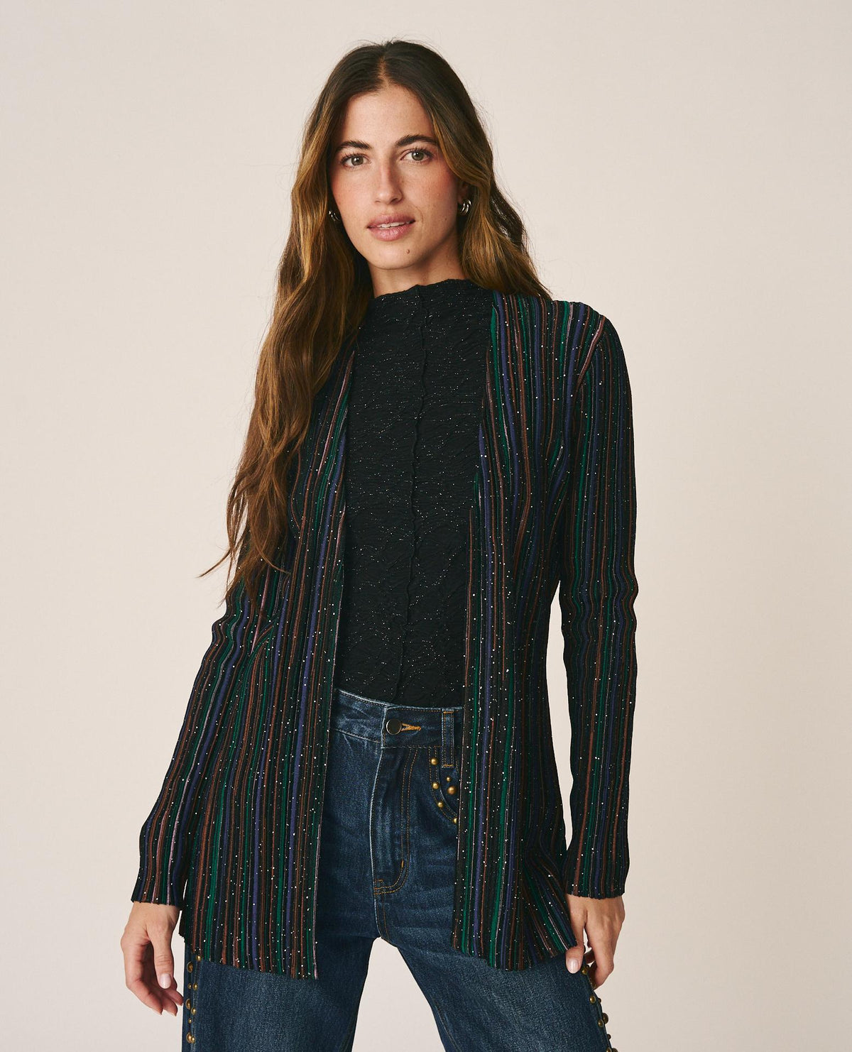 STRIPED CABLE-KNIT CARDIGAN
