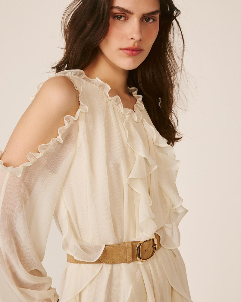 VESTIDO MIDI FLUIDO COM VOLANTES