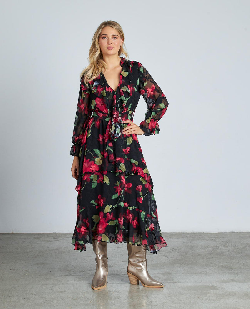 VESTIDO ESTAMPADO VOLANTES CINTURÓN