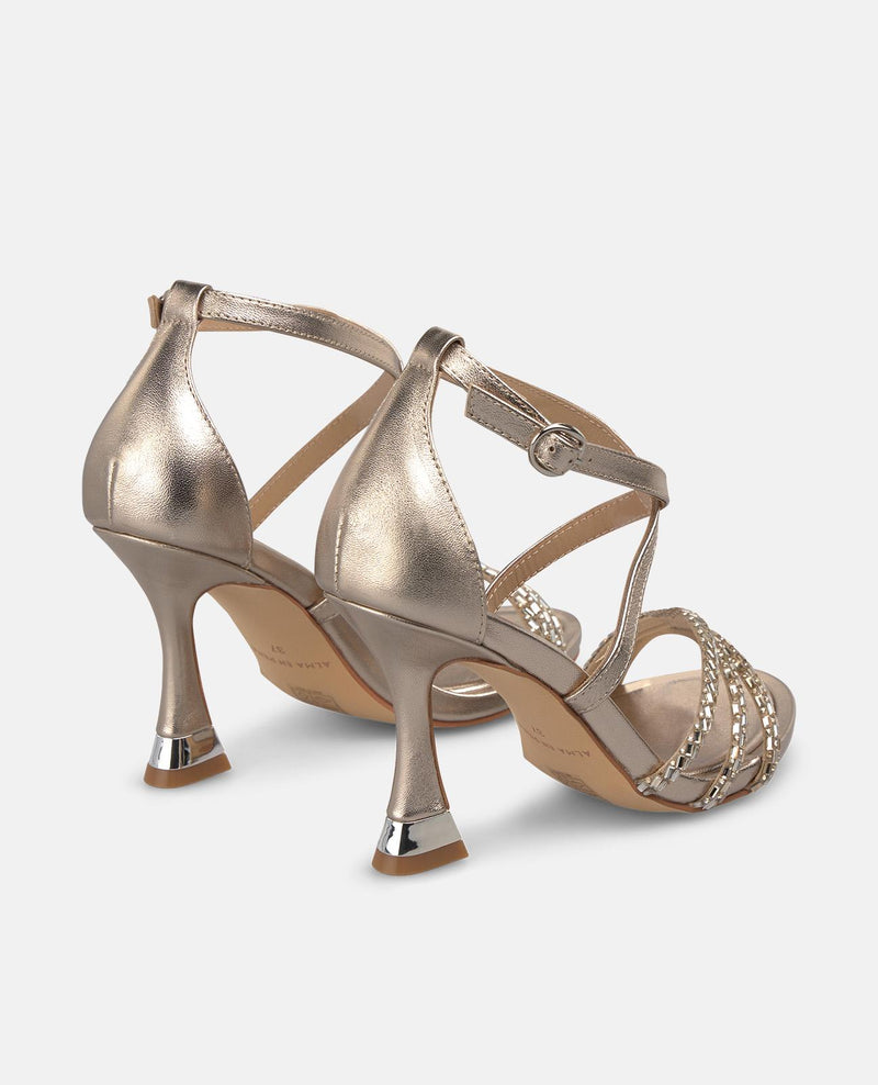 METALLIC TRANSFER STRAP HEELED SANDALS