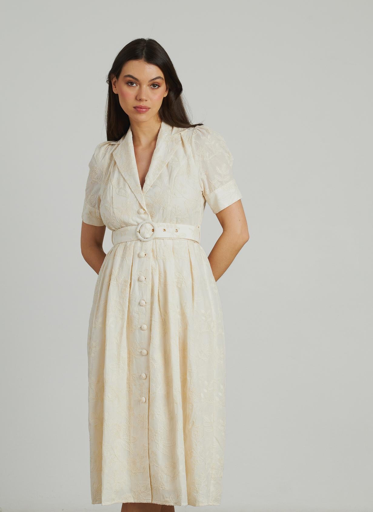 VESTIDO MIDI BORDADO CINTURÓN