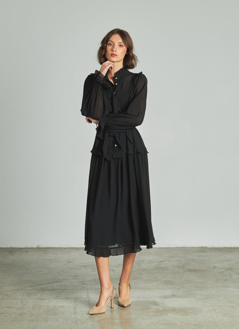 VESTIDO MIDI VOLANTES CINTURÓN